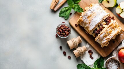 Wooden cutting board with pastry and bowl of assorted fruits on a kitchen countertop