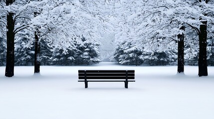 Serene Snowy Landscape with Bench under Snow-Covered Trees