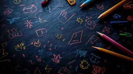 A vibrant assortment of colored pencils surrounds playful doodles on a dark surface, showcasing creativity and artistic expression.
