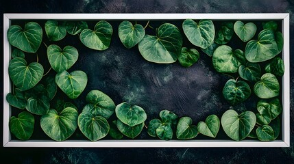 Green heart shaped leaves arranged in a white frame