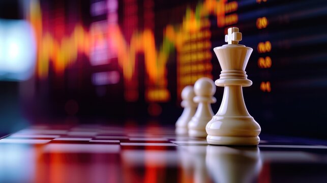 A close-up of chess pieces, including a king and pawns, set against a backdrop of colorful financial charts, symbolizing strategy in investment.