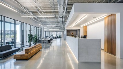 Fototapeta premium Modern open office space with white walls and natural light, concept of workspace productivity.