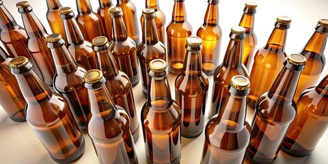 High-angle view: diverse brown glass beer bottles, 3D rendered, isolated on white.