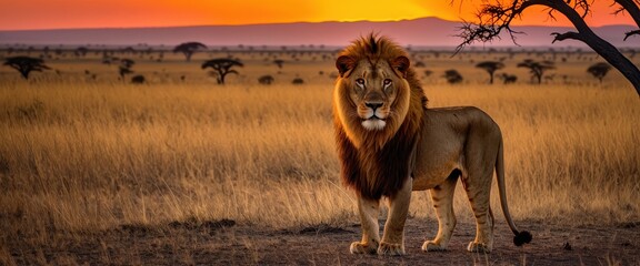 Majestic lion at sunset in african savanna landscape with vibrant colors