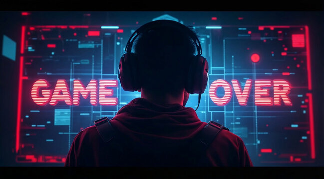 Enthusiastic gamer wearing a headset with a dramatic "Game Over" neon sign in the background, representing gaming passion and challenges.