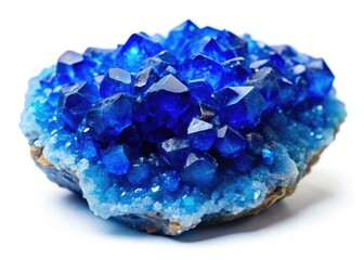 High-resolution macro: isolated blue sapphire druse, deep depth of field, vibrant gemstone cluster.