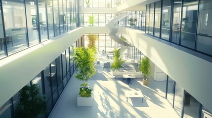 Obraz premium Modern open office space with white walls and natural light, concept of workspace productivity.