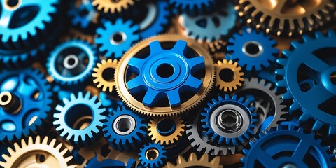 A dynamic macro shot of blue and gold gear mechanisms, symbolizing engineering excellence, mechanical functionality, and the interconnected systems driving industrial innovation.

