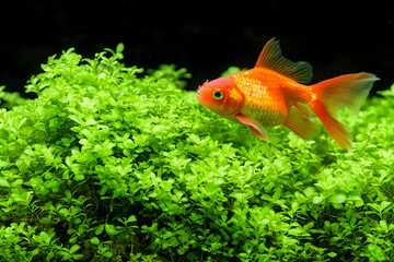 Vibrant Goldfish Swimming Among Lush Green Aquatic Plants