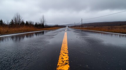 A rainy road reflects a cloudy sky, showcasing a desolate landscape with a single yellow line guiding the way.