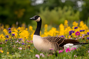 Beautiful Canada Goose in Colorful Flower Field during Spring