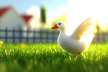 Cute white duck with wings spread in sunny green backyard grass