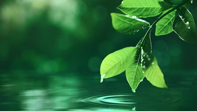Closeup a single drop of water falling from a leaf onto a pond's surface