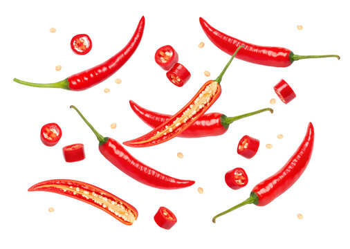 hot red chili peppers isolated on white background.	