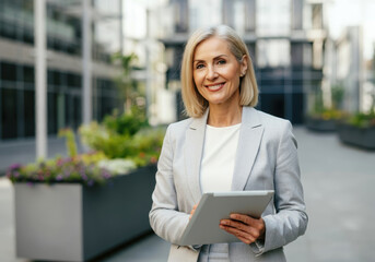 Fototapeta premium A mature businesswoman with blonde hair, dressed in a light gray suit and holding a tablet