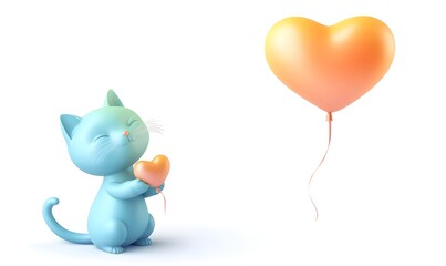 Cute cartoon cat holding a heart-shaped balloon.
