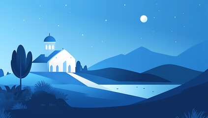 Serene Night Landscape: Mosque by the Lake under Starlit Sky