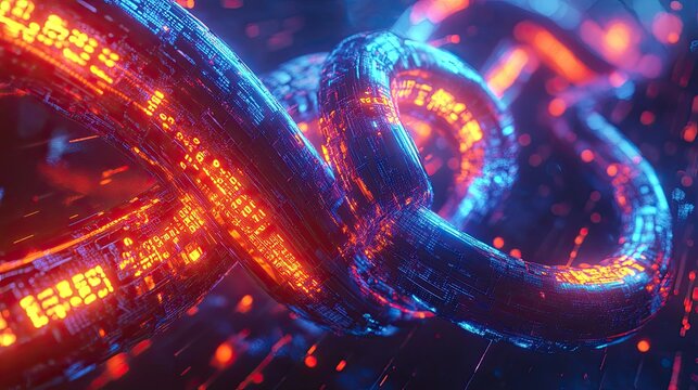Digital illustration of a glowing blockchain concept with a close-up of a chain made of binary code