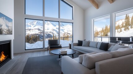 Fototapeta premium Snowy mountain retreat for ultimate relaxation Modern living room with mountain view and cozy fireplace.