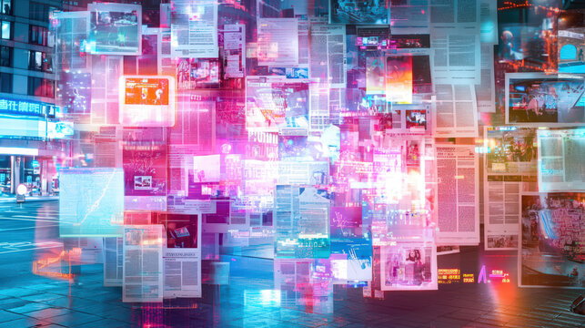 dynamic collage of media sources blending news articles, digital screens, and vibrant colors, creating visually striking representation of modern information flow