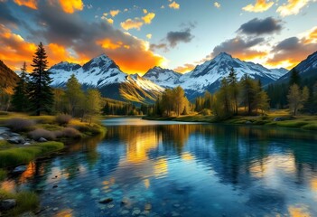 A spectacular natural landscape featuring snow-capped mountains in the background, with vibrant orange skies at sunrise. 