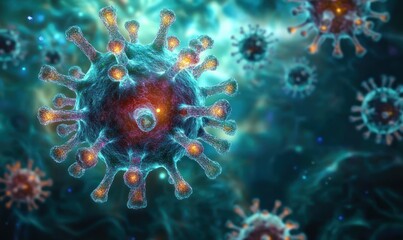 Detailed Digital Rendering of Virus in Fractal Art Style with Bioluminescent Lighting