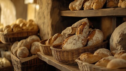 Shelves filled with an assortment of freshly baked loaves of bread.