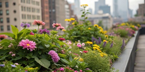 Vibrant urban garden on rooftop with colorful flowers and cityscape background