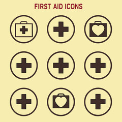 Fototapeta premium Common First Aid Icons and Their Meanings in 2025: First Aid Kits with Crosses and Hearts; Universal Medical Cross Symbols Understanding Common Medical Icons in 2025 First Aid Kits