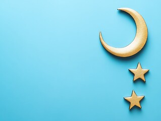 Golden Crescent Moon and Stars on Blue Background