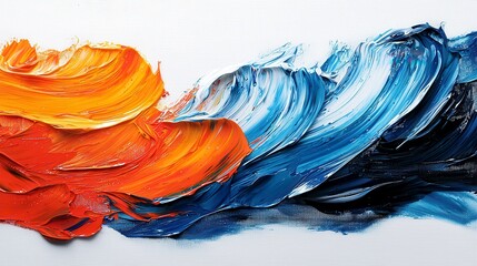 Abstract oil paint strokes in orange, blue, and white.