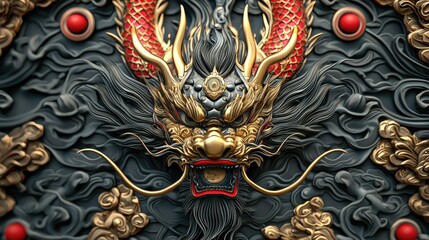 Fototapeta premium A vibrant, intricately designed dragon relief featuring golden scales and red accents, set against a dark, swirling background.