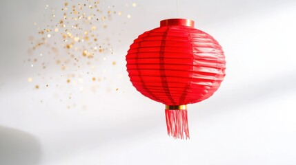 Obraz premium Chinese New Year 2025 Elegance: Red Lantern with Golden Bokeh on a White Canvas
