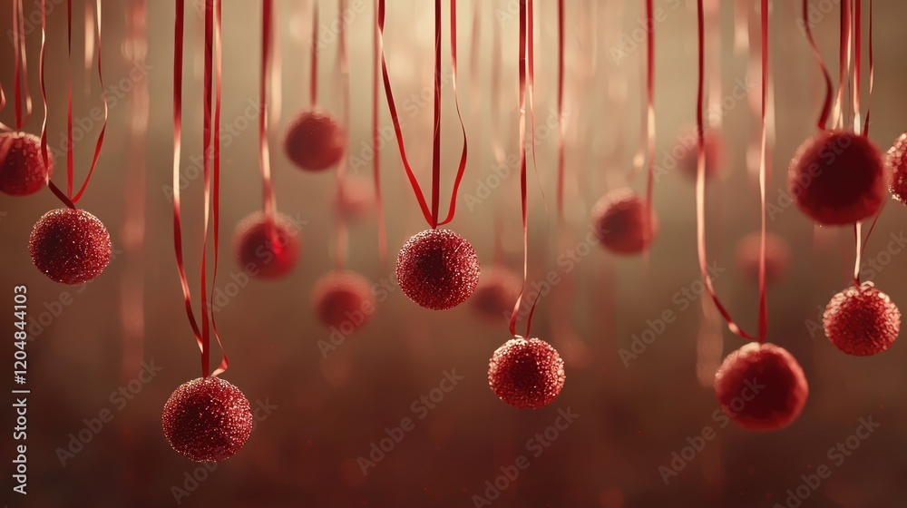 Wall mural red ornaments hang from strings, creating a festive atmosphere with a soft, glowing background, idea