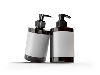 Plastic or Glass with dispenser pump bottle and label mockup container packaging isolated on background. 3D template for liquid soap, gel, lotion, cream, shampoo, bath foam, healthcare or medicine