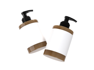 Plastic or Glass with dispenser pump bottle and label mockup container packaging isolated on background. 3D template for liquid soap, gel, lotion, cream, shampoo, bath foam, healthcare or medicine