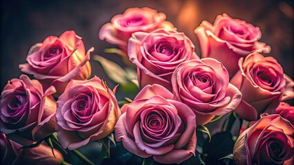 Obraz premium Romantic pink roses bloom darkly, captured in low-light floral photography.