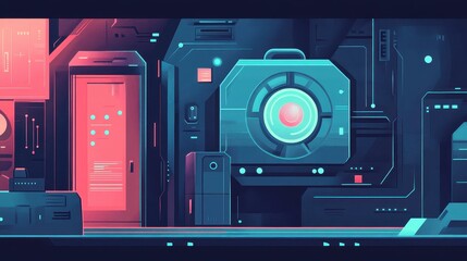 Secure digital technology flat design side view corporate theme cartoon drawing Complementary Color Scheme