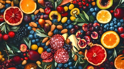 Vibrant Assortment of Fresh Fruit and Cured Meat on Dark Surface