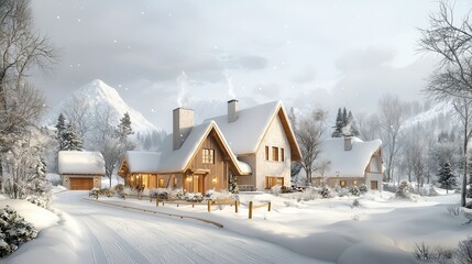 Fototapeta premium Snowy mountain retreat for ultimate relaxation Cozy cabin in a snowy landscape with mountains in the background.