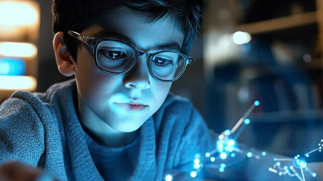 A boy scientist experiments with quantum computing basics, exploring the incredible power of quantum systems for solving complex problems