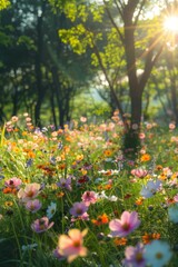 Scenic forest meadow illuminated by sunlight with vibrant wildflowers in bloom.
