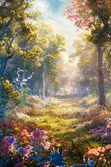 Scenic forest meadow illuminated by sunlight with vibrant wildflowers in bloom.