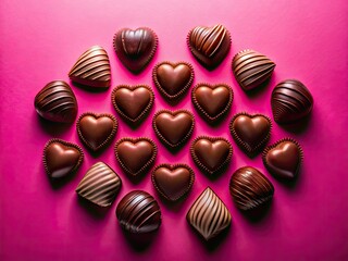 Obraz premium Silhouetted heart chocolates, a romantic dessert, beautifully framed against a soft pink backdrop.