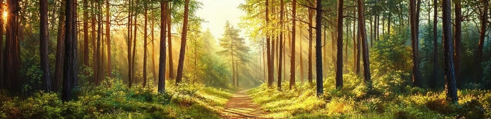 Fototapeta premium Serene Sunrise Pine Forest Pathway in Summer