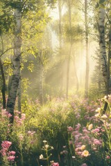 Scenic forest meadow illuminated by sunlight with vibrant wildflowers in bloom.