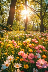 Scenic forest meadow illuminated by sunlight with vibrant wildflowers in bloom.
