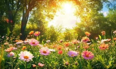 Obraz premium Spring Meadow with Colorful Daisy Flowers in Bloom Under Sunny Blue Sky