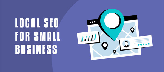 Local SEO banner with maps, location pins, star ratings, customer reviews, and analytics. Highlights boosting visibility, improving search rankings, and attracting local customers through feedback