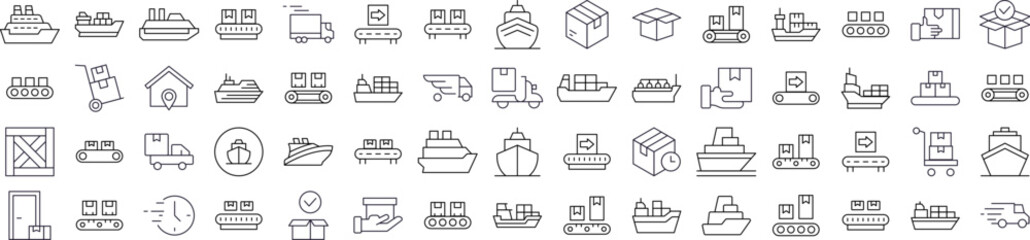Collection of Delivery and Transportation Related Line Icons. Outline Signs for Graphic and Web Design, Apps, Adverts, Various Cards